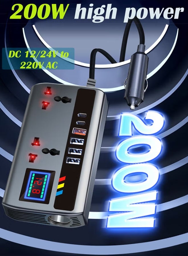 بكومور محول طاقة للسيارة بقدرة 200 واط، يحول التيار المستمر من 12 فولت/24 فولت إلى 220 فولت تيار متردد، مزود بمنافذ USB وType-C، وشاشة عرض جهد LCD، ومفتاح تشغيل مدمج، ومحول طاقة محمول متوافق مع السيارات والشاحنات. - Image 2